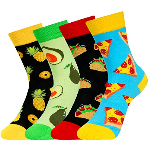 4 Pack Kids Boys Girls Novelty Crew Socks Funny Cartoon Cute Animal Food Avocado Pineapple Cat