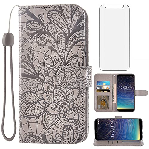 Asuwish Phone Case for Coolpad Legacy S/SR with Tempered Glass Screen Protector and Lace Wallet Cover Flip Card Holder Stand Kickstand Cell Accessories Cool Pad CP3648 3648A CP3320AS2 Women Men Grey