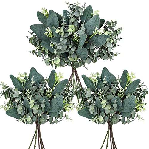 Winlyn 20 Pcs Mixed Artificial Oval Eucalyptus Leaves Bulk with White Seeds Stems and Spray for Vase Floral Wreath Bouquets Wedding Greenery Decoration
