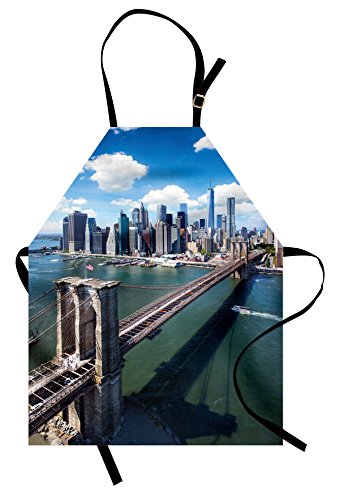 Lunarable Landscape Apron, Aerial View of Brooklyn Bridge New York USA Cityscape Modern River Scenery, Unisex Kitchen Bib with Adjustable Neck for Cooking Gardening, Adult Size, Beige Green