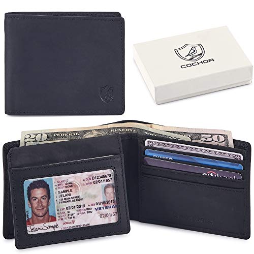 Cochoa Men's Real Leather RFID Blocking Stylish Bifold Wallet With 2 ID Window (CRAZY HORSE, BLACK)