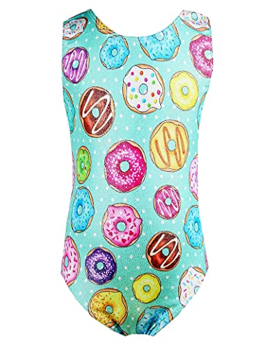 TENVDA Leotards for Girls Gymnastics Size 7-8 Years Old Sparkle Green Donuts 3D Print One-Piece Sleeveless Kids Tumbling Outfit Bodysuits
