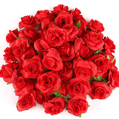 Kesoto 50pcs Red Roses Buds Artificial Flowers Bulk, 1.6' Small Silk Fake Roses Flower Heads for Decoration, Crafts, Wedding Centerpieces Bridal Shower Party Home Decor