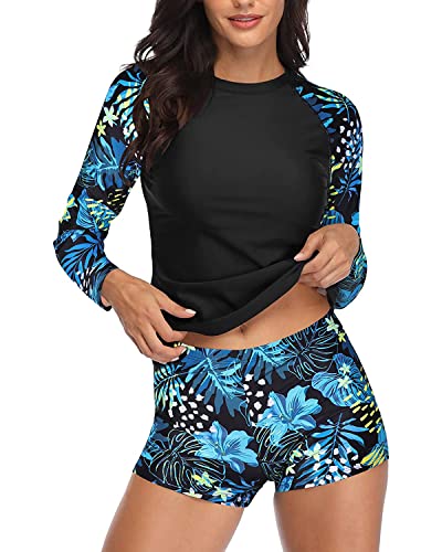 Daci Women Leaf Print Two Piece Rash Guard Long Sleeve Swimsuits UV UPF 50+ Swim Shirt Bathing Suit with Boyshort Bottom M