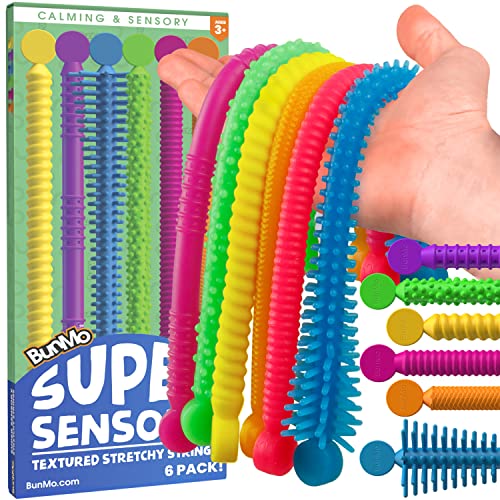 BUNMO Super Sensory Stretchy Stocking Stuffers 6pk | Calming & Textured Monkey Stretch Noodles | Sensory Toys for Kids with Autism | Toddler Stocking Stuffers for Kids | Quiet Fidget Toys