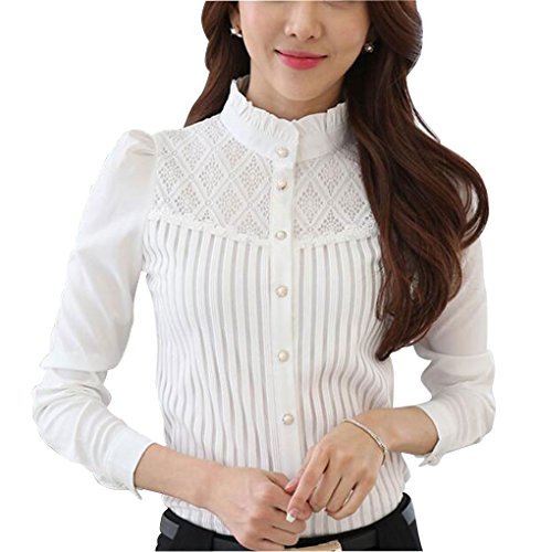 Womens Vintage Collared Button Down Shirt Long Sleeve Lace Stretch Blouse Stand Up White 12