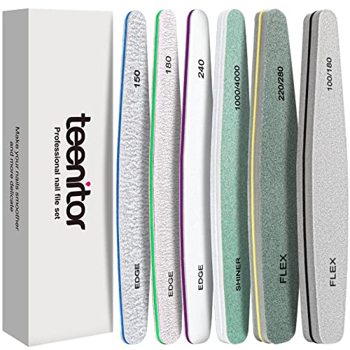 Teenitor Nail File and Buffer Set, 6 Piece Nail Files & Nail Buffer Blocks for Natural Nails, Emery Boards for Nails, 100/180 Grit Nail Files for Acrylic and Gel Nails 240 Grit Nail Files