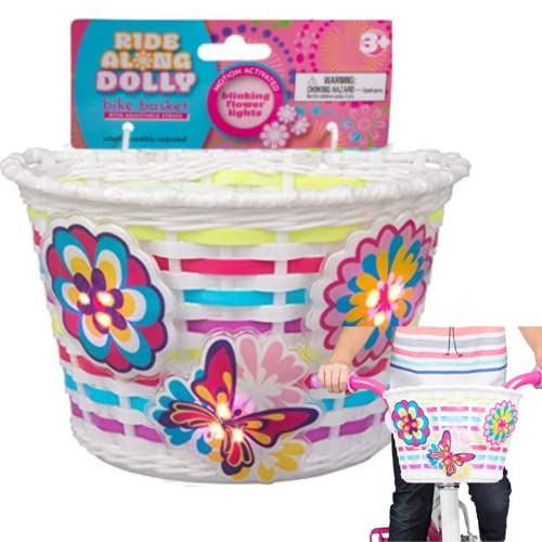 Ride Along Dolly Bike Basket for Girls w Safety Lightups -Kid's Bicycle Accessories with 3 Motion Activated Blinking Flowers & Butterfly Decor-(Fits Most Bikes) for Snacks, Dolls, Bears