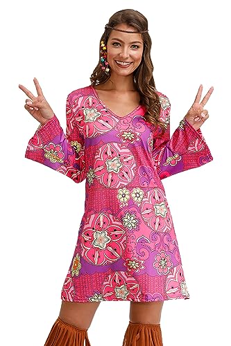 Halloween Women's Hippie 60s 70s Costume Disco Vintage Peace Love Long Sleeve Retro Dress Purple XL