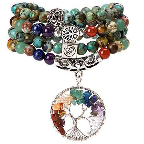 Bivei 108 Mala Beads Bracelet - 7 Chakra Tree of Life Real Healing Gemstone Yoga Meditation Mala Prayer Bead Necklace(African Turquoise)