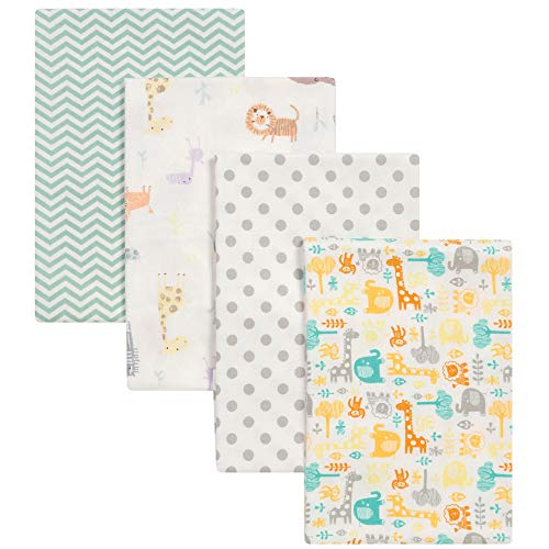 Mint Jungle 4 Pack Flannel Blankets - 4 Deluxe Flannel Blankets, Chevron, Crayon Jungle, Dot, Lullaby Zoo Print, Mint, Yellow, Gray, Orange, 30 in x 30 in