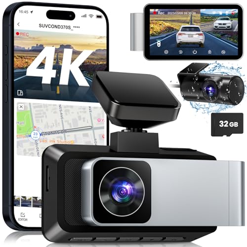 SUVCON 4K Dash Cam Front and Rear, Dual Dash Camera for Cars 4K+1080P Dashboard Car Camera Built-in Wi-Fi GPS, 24H Parking Monitor, Night Vision, Loop Recording, WDR, 170° Wide Angle, Free 32GB Card