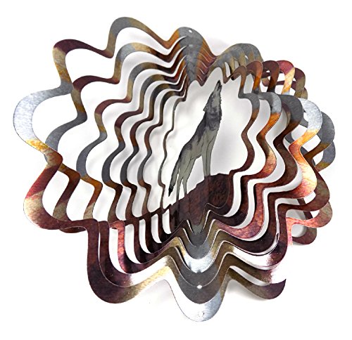 WorldaWhirl Whirligig 3D Wind Spinner Hand Painted Stainless Steel Twister Wolf (12 Inch, Multi Color)