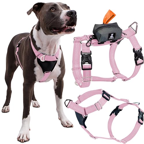 SparklyPets More Freedom No-Pull Front & Back Easy Clip Dog Walk Harness for Medium & Large Breeds with Poop Bag Holder – Dog Halter for All Body Types (Pink, Range 2)