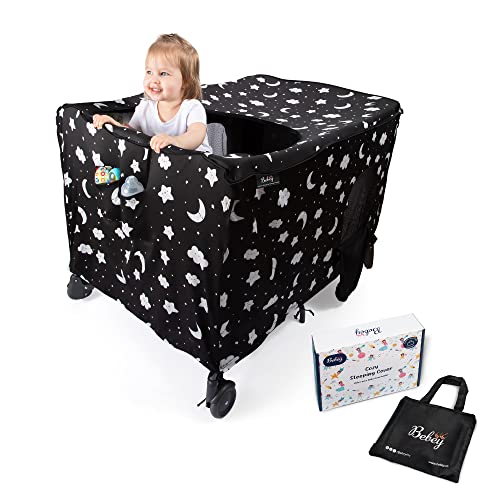 Bebey Pack n Play Blackout Cover - Blocks 97% of Light, Breathable and Stretchy Fabric with 1 Side Pocket, 3 Quick-Access Windows with Zippers - Blocks Light, Easy to Install, Portable, and Anti-climb