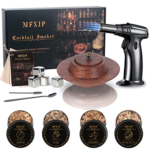 Cocktail Smoker Kit with Torch,Smoker Top with Four Kind of Wood Chips for Cocktail,Whiskey,Bourbon Old Fashioned Smoker Kit,Gift for Dad,Husband,Friend(No Butane)