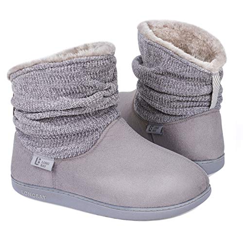 Longbay Women's Warm Chenille Knit Bootie Slippers Memory Foam Comfy Suede Fluffy Faux Fur Memory Foam Boots House Shoes (Large / 9-10, Gray)