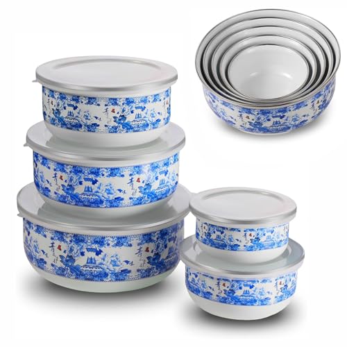 Ziliny Set of 5 Nesting Melamine Mixing Bowls with Lids Blue and White Floral Mixing Round Bowls Food Storage with Non Slip Base Food Container Bowl for Kitchen Serving Salad Snacks Fruits Cereal