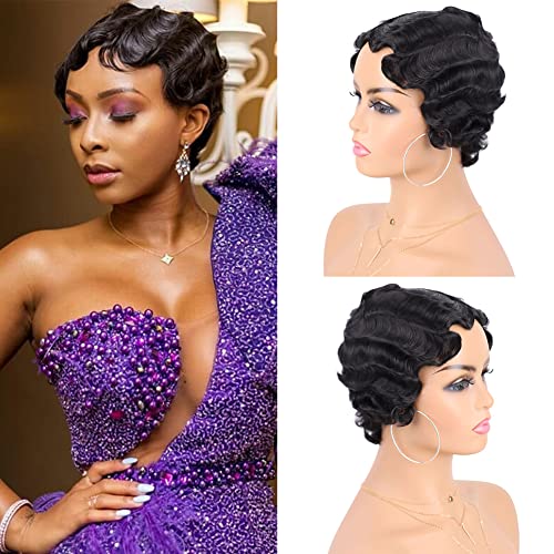G&T Wig Finger Wave Wig Short Syntheyic Hair Curly Wigs for Black Women Lady Nuna Wig 1920s Cosplay Costume Halloween Party Daily Use (1B)