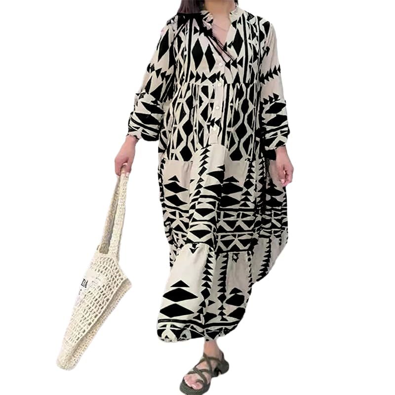 Womens Aztec Hawaiian Elegant Black Dresses V Neck 3/4 Sleeve Boho Beach Button Down Shirt Dresses for Women XXL
