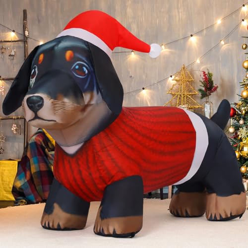 COMIN 4.2 FT Length Christmas Dog Inflatable Decorations Blow Up Dachshund Inflatables Yard Decoration with Build-in LEDs for Indoor Outdoor Yard Garden