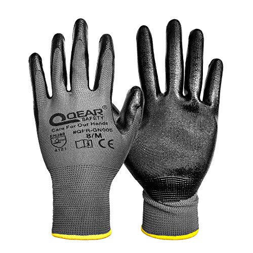 QEAR 12 Pairs Pack Nitrile Rubber Coated Gloves, Multi-function,Light-weight,Good Abrasion, Oil/Greasy Resistance Palm (Large)