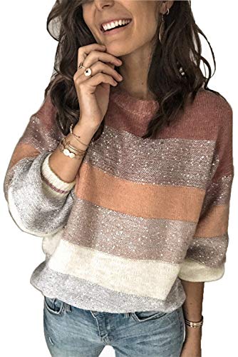 ANCAPELION Women’s Casual Sweater Pullover Tops Sequin Glitter Winter Basic Long Sleeve Knitted Orange Sweatshirt Tops Medium