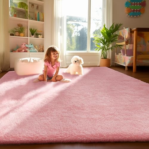 Ophanie Light Pink Area Rugs for Bedroom Girls, 4x6 Fluffy Fuzzy Furry Shag Carpet, Plush Soft Cute Kids Baby Shaggy Bedside Indoor Floor Rug for Teen Dorm Home Decor Aesthetic, Nursery