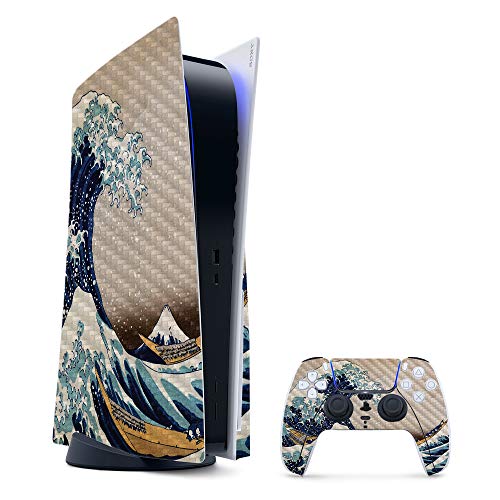 MIGHTY SKINS Carbon Fiber Skin Compatible with PS5 / Playstation 5 Bundle - Great Wave of Kanagawa | Protective, Durable Textured Carbon Fiber Finish | Easy to Apply | Made in The USA