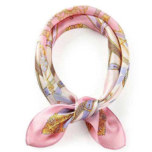 MEISEE Pure Mulberry Silk Scarfs Women Small Square Scarf 21' x 21' Breathable Lightweight Neckerchief Printed Headscarf (G-30 Grace Pink)
