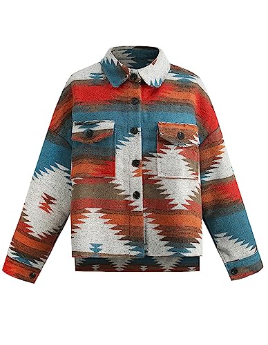 COWOKA Women's Vintage Aztec Print Pattern Loose Shacket Button Down Long Sleeve Woolen Jacket Shirts Coat Red 2XL