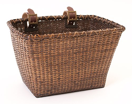 Retrospec Bicycles Cane Woven Rectangular Toto Basket with Authentic Leather Straps and Brass Buckles, Dark Stain