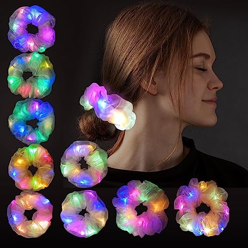9 Pcs Light Up Scrunchies, LED Scrunchy Hair Ties for Women & Girls, Glow in the Dark Party Supplies Birthday Party Favor Festival Rave Accessories for Glow Barbie Party, Christmas Hair Accessories