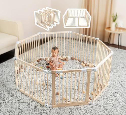 Baby Playpen & Baby Gate for Toddler and Babies, Foldable Wooden Large Shape & Size Adjustable Playard, Play Fence with Locking Gate Activity Center, Toddler Fence Play Area Indoor by Comfy Cubs