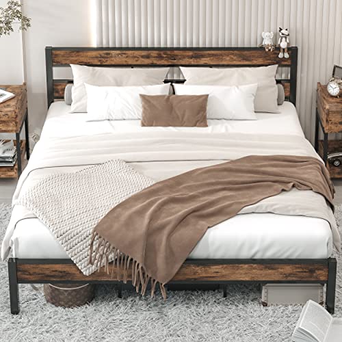 LIKIMIO California King Bed Frames, Easy Assembly, Noise-Free, No Box Spring Needed, Heavy Strong Metal Support Frames, Cal King/Vintage Brown