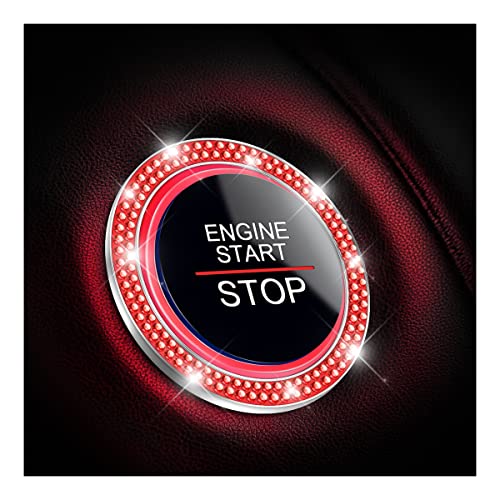 Car Bling Crystal Rhinestone Engine Start Ring Decals, 2 Pack Car Push Start Button Cover/Sticker, Key Ignition Knob Bling Ring, Sparkling Car Interior Accessories for Women (Red)