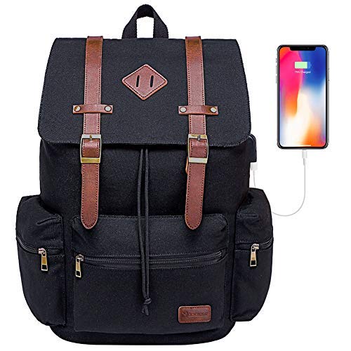 Modoker Mens Canvas Vintage Backpack for Men,Women, Travel Laptop Backpack Fits 17/15.6 Inch Computer & Tablet, Large Bookbag Rucksack Backpack with USB Charging Port, Black
