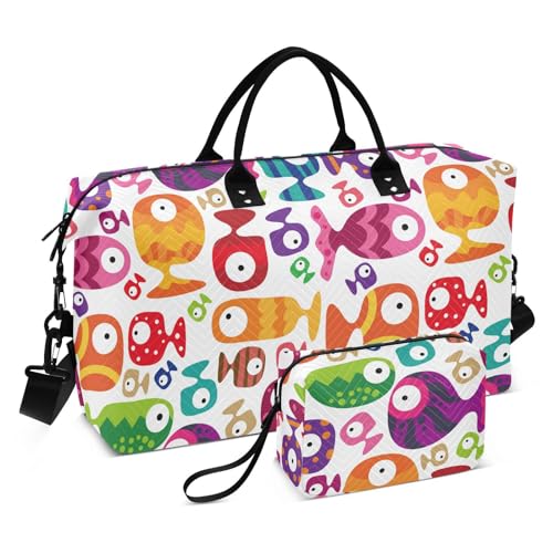 Colorful Funny Tropical Fish Overnight Travel Duffel Bag Overnight Weekend Bags Sports Tote Gym Bag with Toiletry Bag for Business Trips Multifunctional