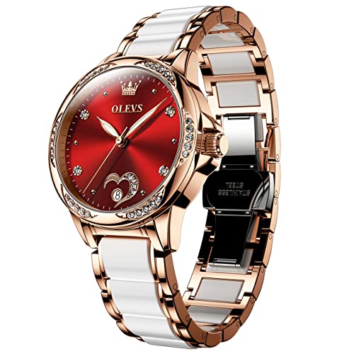 OLEVS Women Ceramic Watch Red Face Automatic Watch for Women White Rose Gold Watches for Women Date Diamond Accent Three Hand Water Resistant Stainless Steel Mechanical Watches No Battery Watch Women