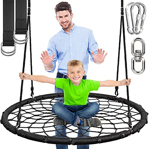 SereneLife Spider Web Tree Swing with Hang Kit and Center Spinner 40” 600 lbs Kids Outdoor Backyard Tree Playhouse Playground Saucer Swing Set Accessories Platform Glider Mat Swinging Swingset,Black
