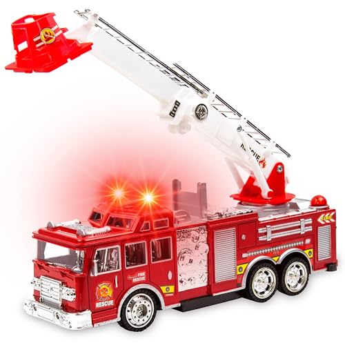 Toysery Fire Truck Toy with Flashing Lights & Siren Sounds for Kids, Extendable Rotating Ladder, Bump and Go Action, Role Play Toy. Ideal for Boys & Girls, Kid Car Toy Trucks, Ages 3-7+