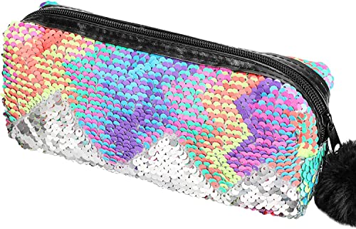PHOGARY Glitter Cosmetic Bag, Mermaid Sequins Pen Case Organizer, Portable Pencil Pouch, Students Pencilcase Girls Pencil Case Women Make Up Pouch, Pencil Bags with Fluffy Zipper (Colorful)