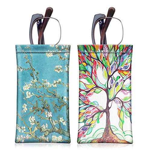 Fintie [2 Pack] Eyeglasses Pouch with Cleaning Cloth, Portable Squeeze Top Leather Glasses Case Sunglasses Bag, Love Tree + Blossom