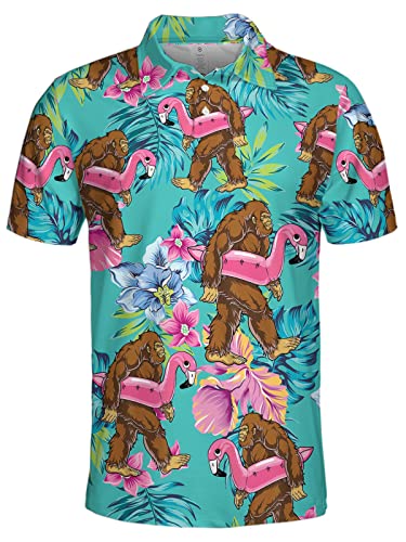 HIVICHI Golf Shirts for Men Funny Golf Polos for Men Tropical Golf Shirts for Men Golf Gift Bigfoot Sasquatch Big Foot Shirt