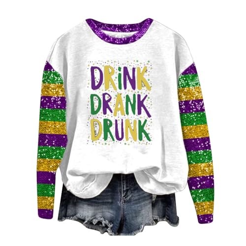 Mardi Gras Shirt for Women, Womens 2024 Carnival Parade T-Shirt Funny Party Mask Costume Striped Long Sleeve Sweatshirt(02#Green,Large)
