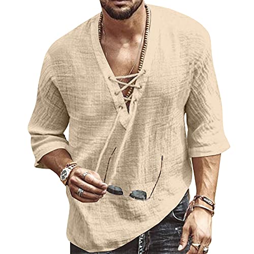 Men's Fashion Shirt Short Sleeve Beach V-Neck Drawstring Solid Color Yoga African Summer Top Solid Khaki M