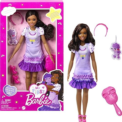 Barbie My First Barbie Preschool Doll, 'Brooklyn' with 13.5-inch Soft Posable Body & Black Hair-Plush Poodle & Accessories, 13.5-inch Scale