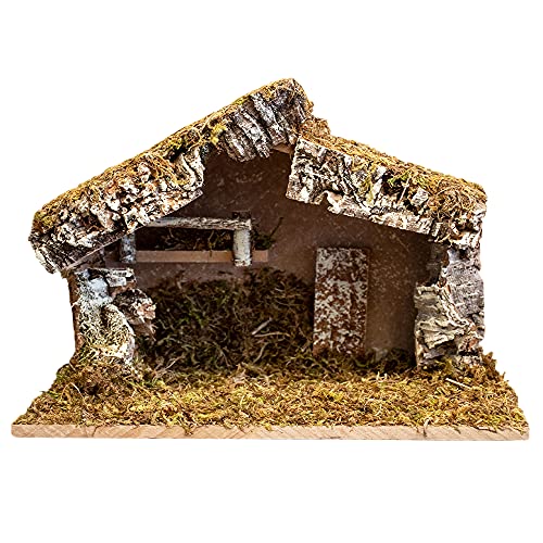 VILLAGE GIFT IMPORTERS Nativity Stable Creche for Christmas Nativity Scene Wood with Moss 12' x 7' x 9' Handmade in Italy
