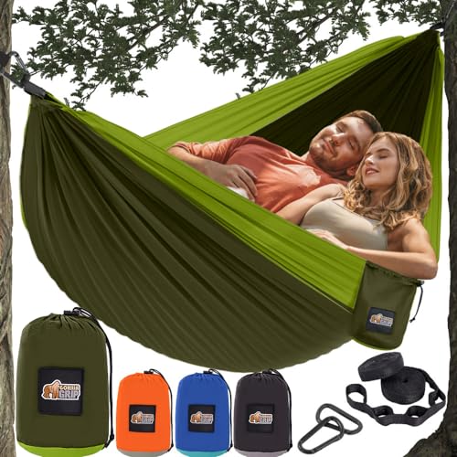 Gorilla Grip Lightweight Camping Hammock Holds 400lbs, Heavy Duty Tree Friendly Straps, Easy to Use, Portable Comfortable Travel Swing Hammocks, Outdoor Tent Camp Essentials, Green, 10x6.5 FT