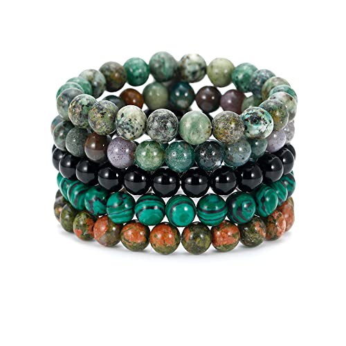 BOMAIL 5PCS Semi-Precious Gemstone Bracelet - Healing Crystal Stone Beaded Bracelets for Women Men 8mm Round Beaded Stretch Bracelets Unisex Stress Relief Yoga Bracelets Gifts